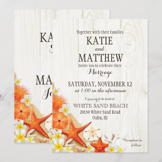 Sand Seashells Floral Beach rustieke bruiloft Kaart (Voorkant / Achterkant)