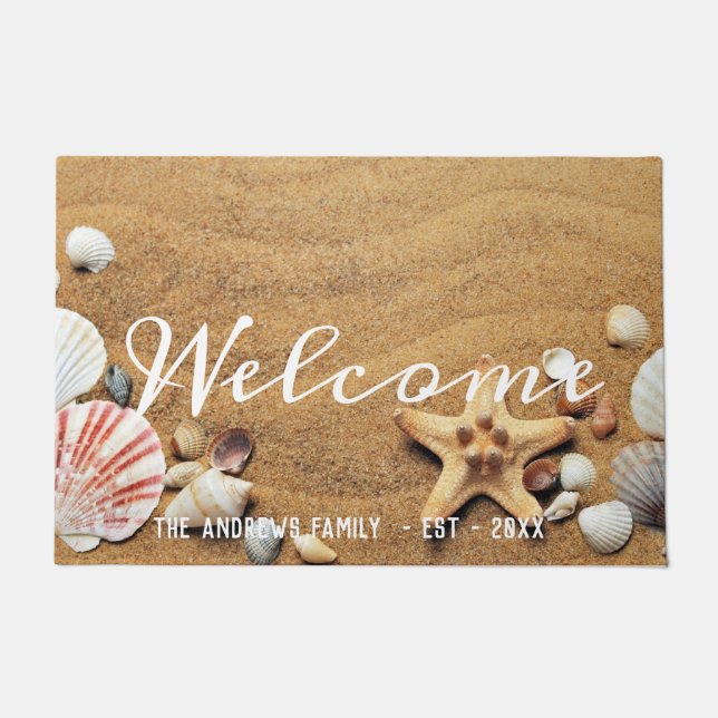 Sand Seashells Ocean Calligraphy Welcome Deurmat (Voorkant)