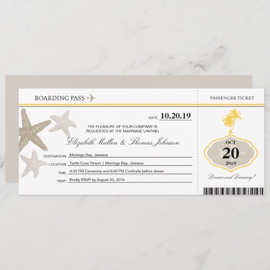 Sand Starfish Buttercream Palm Tree Boarding Pass Kaart (Voorkant / Achterkant)