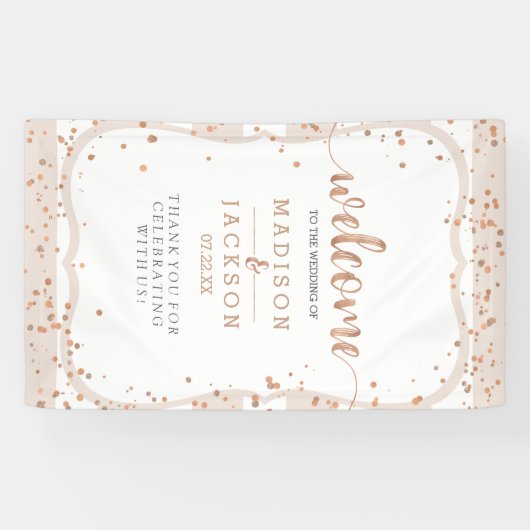 Sand Stripes & Roos Gold Confetti Bruiloft Welkom Spandoek (Horizontaal)