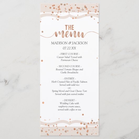 Sand Stripes & Roos Goud Confetti Bruiloft Menu (Voorkant)