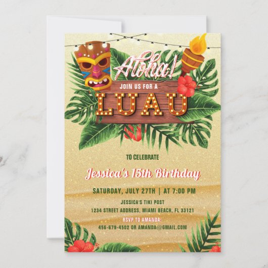 Sand Tropical Luau Birthday Invitation Kaart (Voorkant)