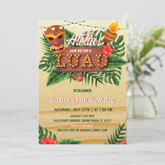 Sand Tropical Luau Birthday Invitation Kaart (Staand voorkant)
