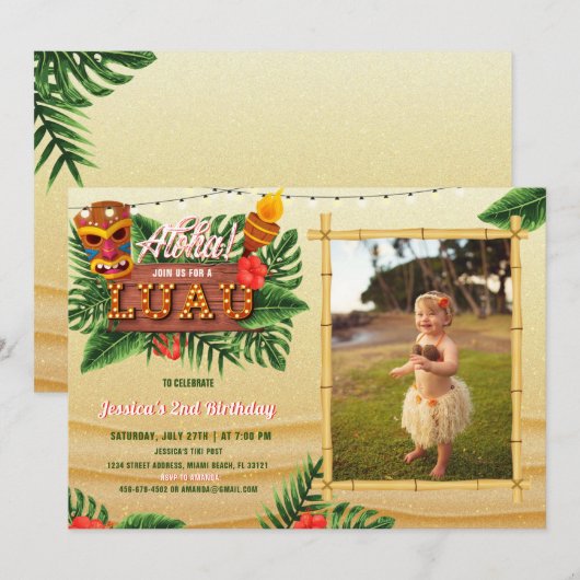 Sand Tropical Luau Birthday nodiging met foto Kaart (Voorkant / Achterkant)