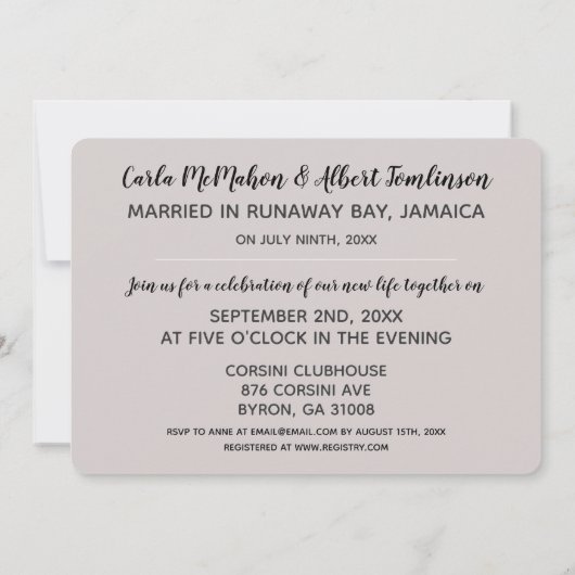 Sand Writing Just Married Announcement Party Kaart (Achterkant)