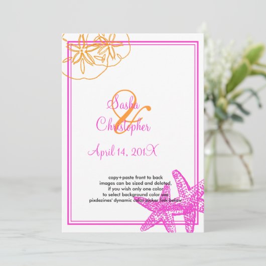 Sand+Zee/oranje+fuschia/bruiloft Uitnodigingen (Staand voorkant)