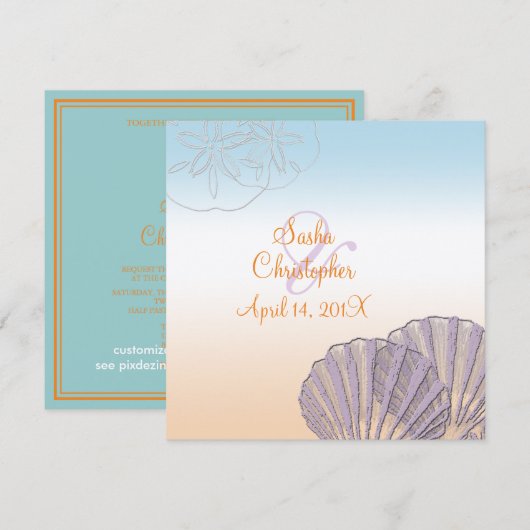 Sand+Zee/paars+oranje/bruiloft Uitnodigingen (Voorkant / Achterkant)