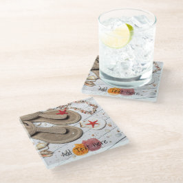 Sandalen, zeeschelpen en Starfish in de strand Glazen Onderzetter