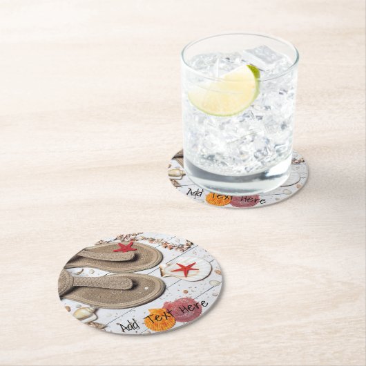 Sandalen, zeeschelpen en Starfish in de strand Ronde Kartonnen Onderzetter (Insitu)