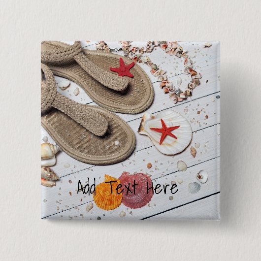 Sandalen, zeeschelpen en Starfish in de strand Vierkante Button 5,1 Cm (Voorkant)