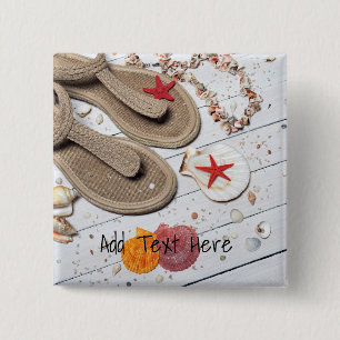 Sandalen, zeeschelpen en Starfish in de strand Vierkante Button 5,1 Cm