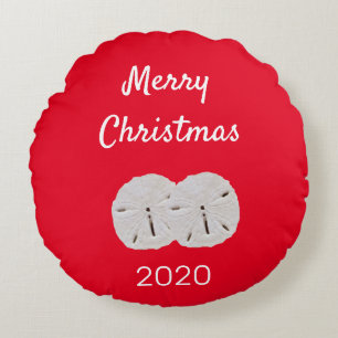 Sanddollar Patroon Rood Wit Strand Vrolijk Kerstfe Rond Kussen