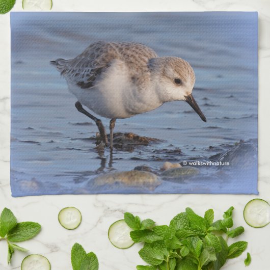 Sanderling Strollen een winterstrand Theedoek (Gevouwen)