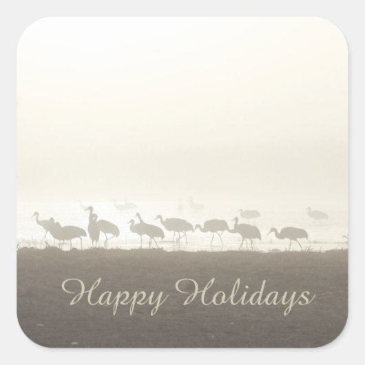 Sandhill Cranes in de Mist Prettige feestdagen Vierkante Sticker (Voorkant)