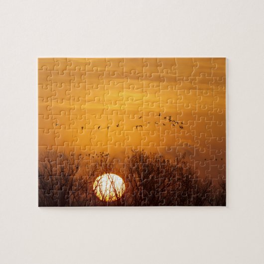 Sandhill kranen gedempt tegen stijgende zon legpuzzel (Horizontaal)