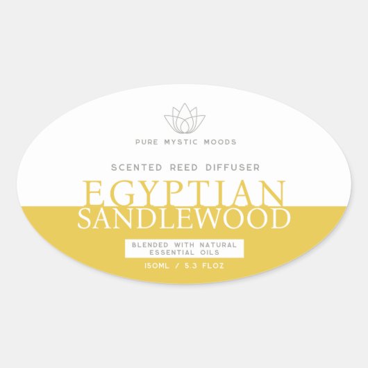 Sandlewood gele riet diffuser ovale productlabel sticker (Voorkant)