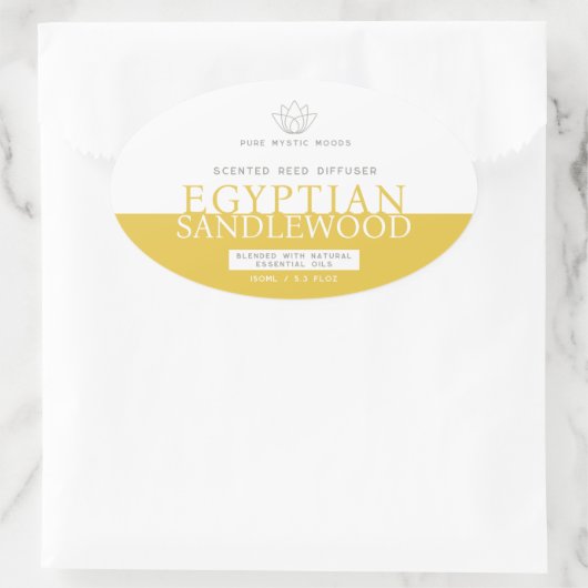 Sandlewood yellow reed diffuser oval product label (Tas)