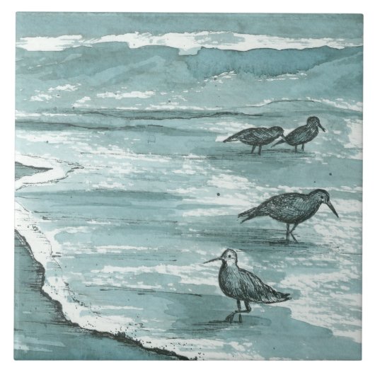 Sandpiper Shore Birds Ocean Waves Grey Tegeltje (Voorkant)