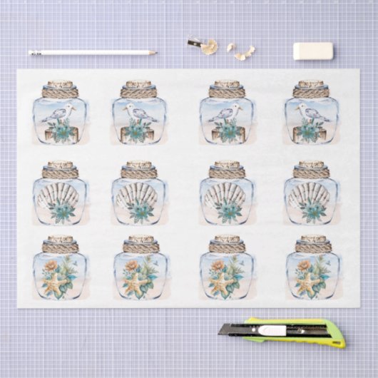 Sandpipers Flowers Shells Jar Decoupage Paper Tissuepapier (Craft)