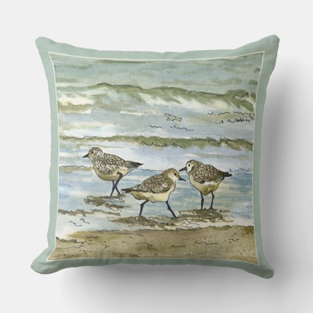 Sandpiperstralvogels waterverf in zee blauw groen kussen (Voorkant)