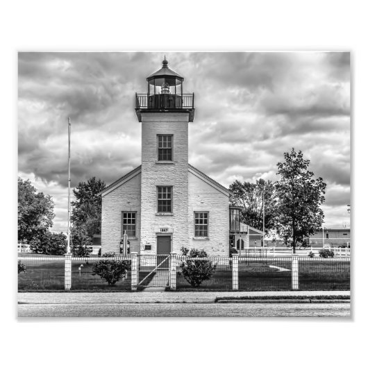 Sandpoint Lighthouse Black en White Photography Foto Afdruk (Voorkant)