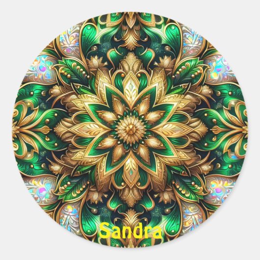 SANDRA ~ GLANZEND Groen en Goud Kerstmis ~ Ronde Sticker (Voorkant)