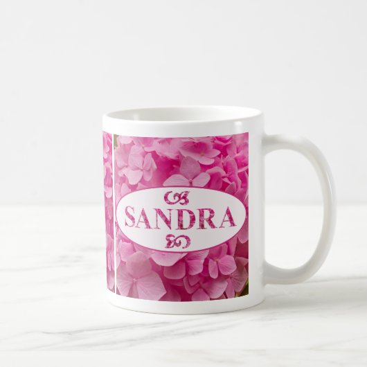 "Sandra" in Elegant Roze Hydrangea Bloemletters Koffiemok (Rechts)