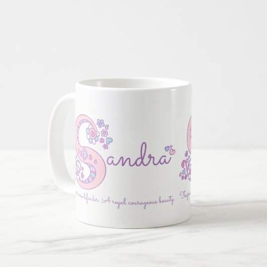 Sandra-naam: hartbloem S-monogram mok (Voorkant links)