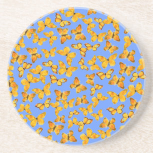Sandstone Coaster, Golden Butterflies on Blue Zandsteen Onderzetter