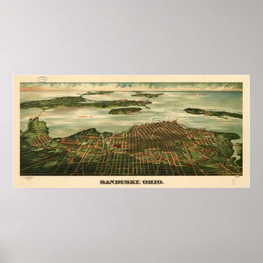 Sandusky Ohio 1898 Antiek Panoramische Kaart Poster (Voorkant)