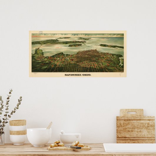 Sandusky Ohio 1898 Antiek Panoramische Kaart Poster (Keuken)