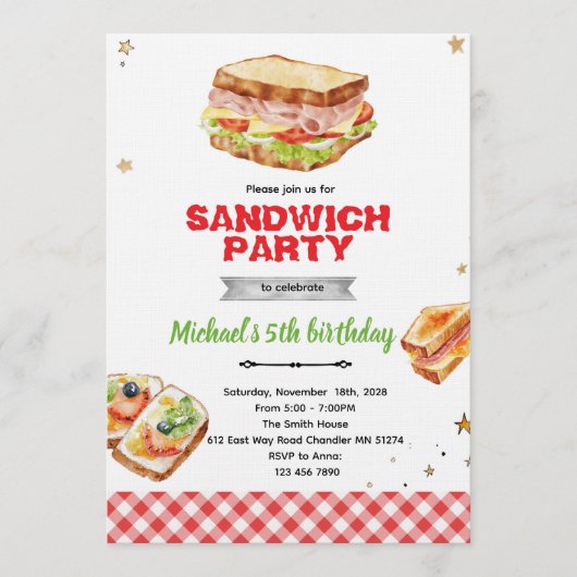 Sandwich Birthday Party Invitation Kaart (Voorkant)