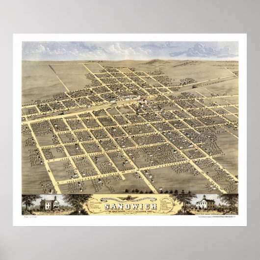 Sandwich, IL Panoramic Map - 1869 Poster (Voorkant)