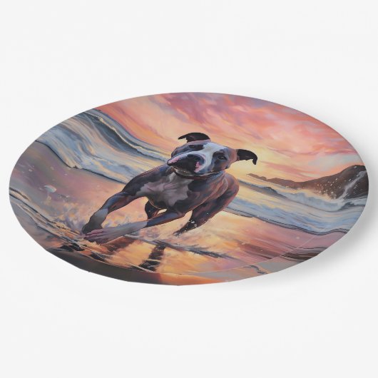 Sandy American Staffordshire Hond op Strand Zonson Papieren Bordje (Gekanteld)