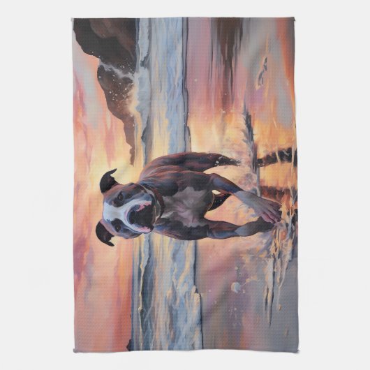 Sandy American Staffordshire Hond op Strand Zonson Theedoek (Verticaal)