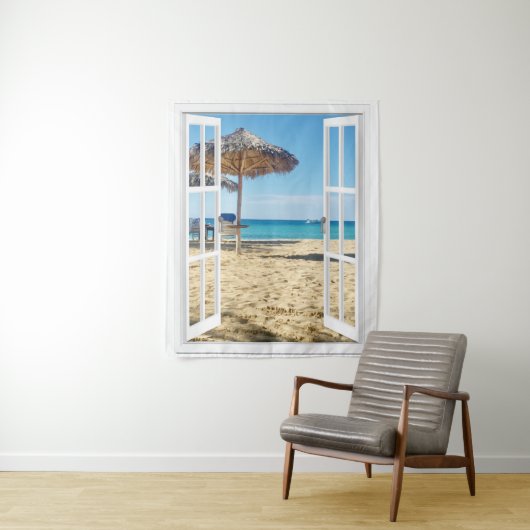 Sandy Beach and Ocean Window Uitzicht Wandkleed (In situ)