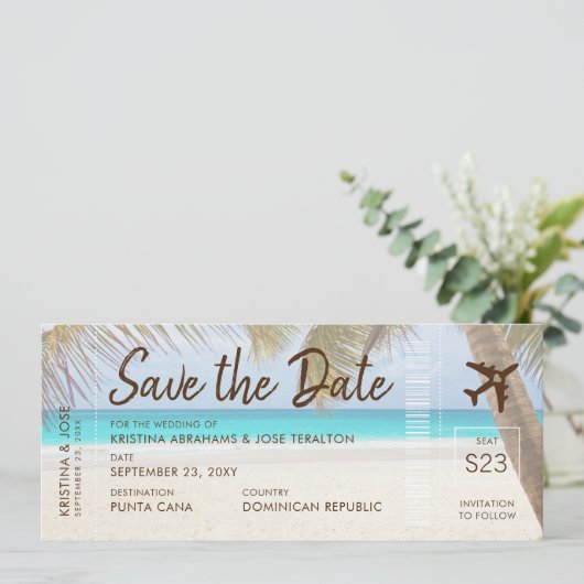 Sandy Beach Boarding Pass Ticket Save Date Card Aankondiging (Staand voorkant)
