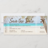 Sandy Beach Boarding Pass Ticket Save Date Card Aankondiging (Voorkant)
