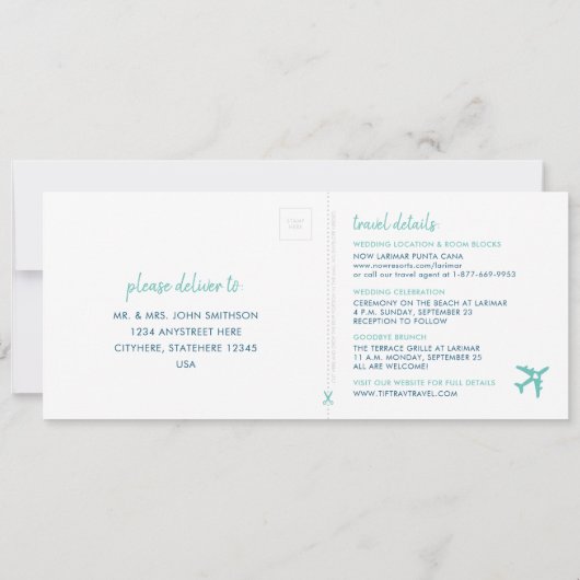 Sandy Beach Boarding Pass Wedding Invite met RSVP (Achterkant)