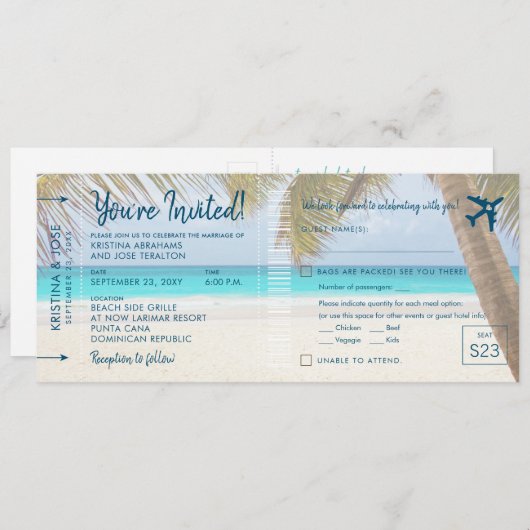 Sandy Beach Boarding Pass Wedding Invite met RSVP (Voorkant / Achterkant)