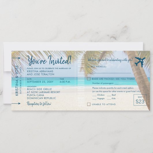 Sandy Beach Boarding Pass Wedding Invite met RSVP (Voorkant)