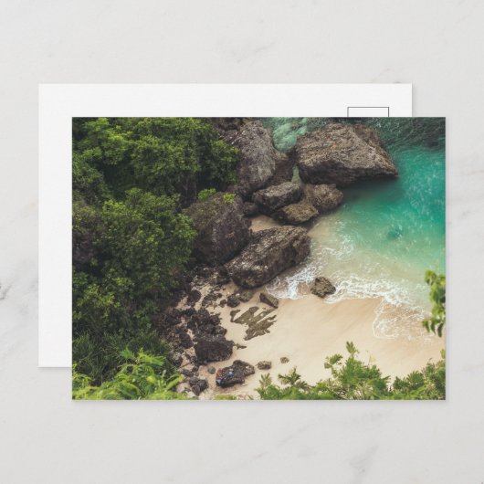 Sandy Beach Cove met groene bomen, Rocks & Ocean Briefkaart (Voorkant / Achterkant)