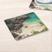 Sandy Beach Cove met groene bomen, Rocks & Ocean Kartonnen Onderzetters (Schuin)