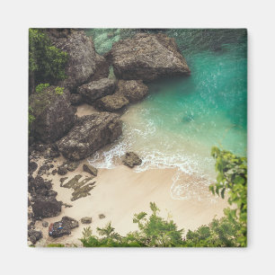 Sandy Beach Cove met groene bomen, Rocks & Ocean Magneet