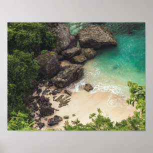 Sandy Beach Cove met groene bomen, Rocks & Ocean Poster
