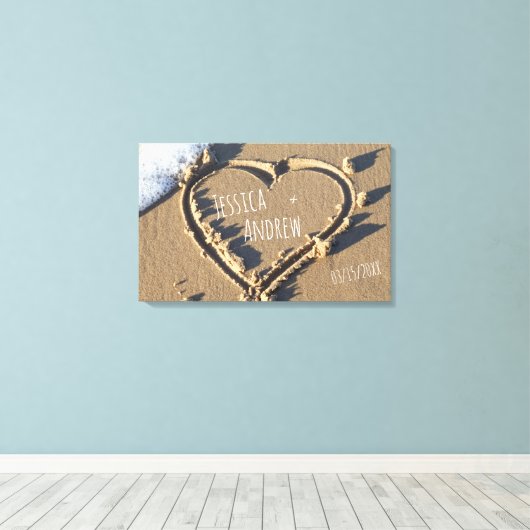 Sandy Beach Gepersonaliseerde Names Heart in zand Canvas Afdruk (Insitu (Houten vloer))