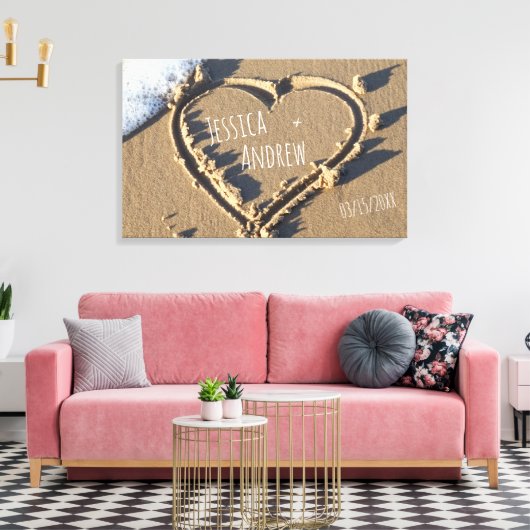Sandy Beach Gepersonaliseerde Names Heart in zand Canvas Afdruk (Insitu (Woonkamer))
