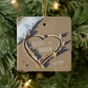 Sandy Beach Gepersonaliseerde Names Heart in zand Keramisch Ornament