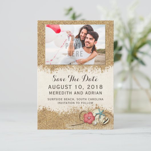 Sandy Beach Hibiscus Bruiloft Bewaar de datum Foto Save The Date (Staand voorkant)