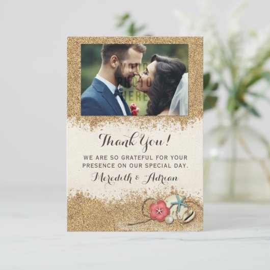 Sandy Beach Hibiscus Bruiloft Dank u Foto Bedankkaart (Staand voorkant)